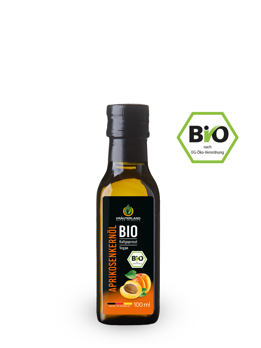 Kräuterland Bio Aprikosenkernöl 100 ml – Frontansicht der Flasche mit Bio-Siegel nach EG-Öko-Verordnung