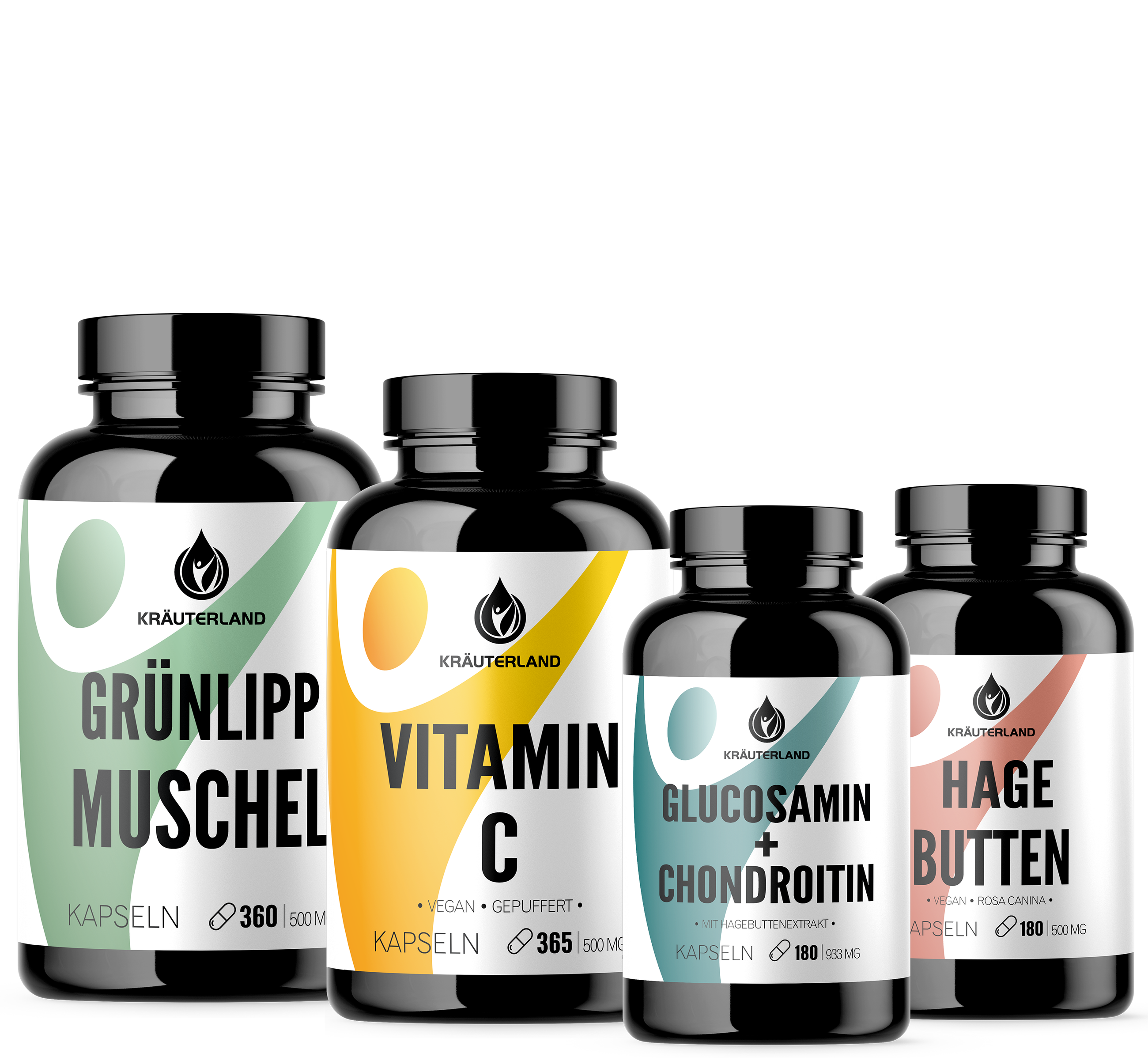Aktiv & Vital Set von Kräuterland Nahrungsergänzung mit Glucosamin + Chondroitin Kapseln, Vitamin C Kapseln, Hagebutten Kapseln und Grünlippmuschelpulver Kapseln