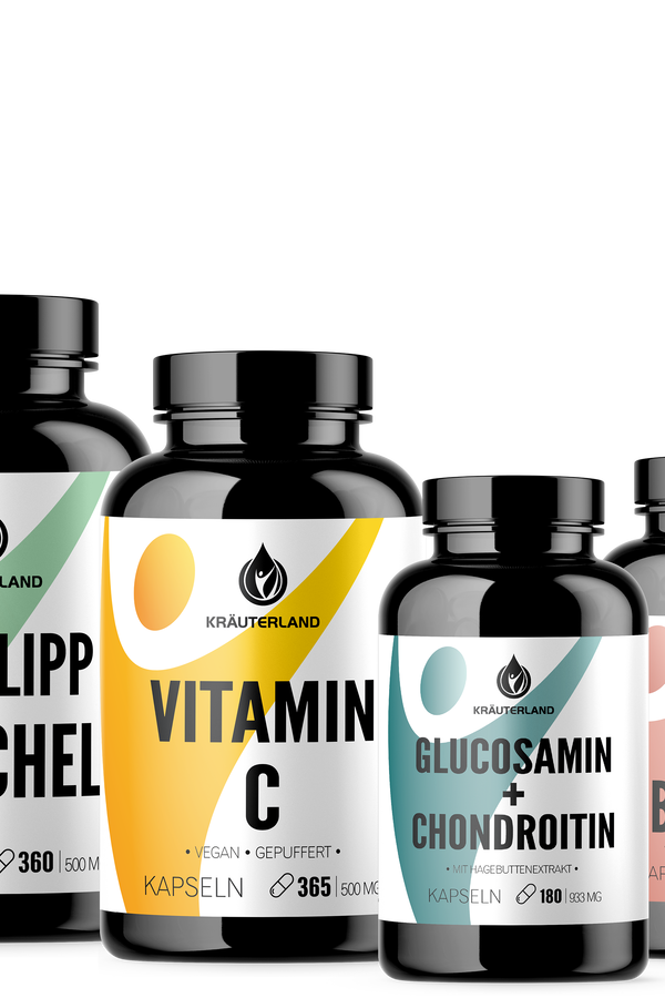 Aktiv & Vital Set von Kräuterland Nahrungsergänzung mit Glucosamin + Chondroitin Kapseln, Vitamin C Kapseln, Hagebutten Kapseln und Grünlippmuschelpulver Kapseln