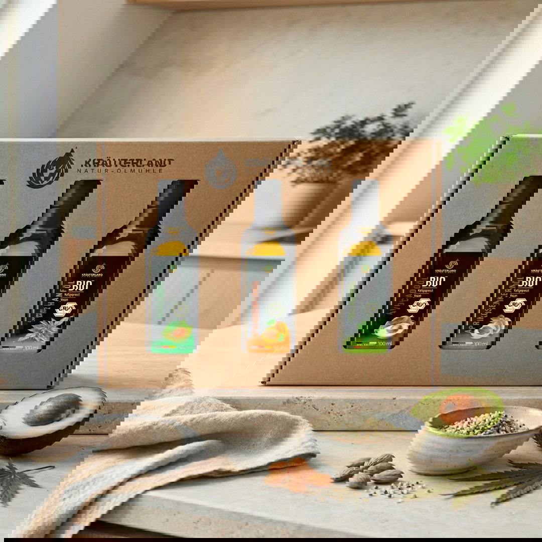 Bio Speiseöl Set 100 ml – Avocadoöl, Aprikosenkernöl und Hanföl in Geschenkbox mit Sichtfenster