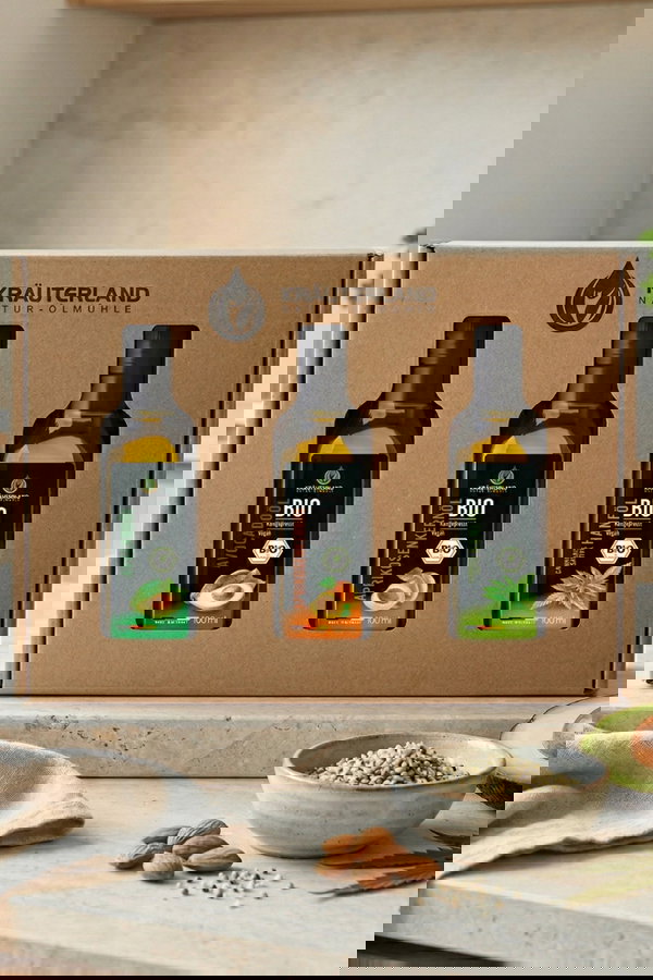 Bio Speiseöl Set 100 ml – Avocadoöl, Aprikosenkernöl und Hanföl in Geschenkbox mit Sichtfenster