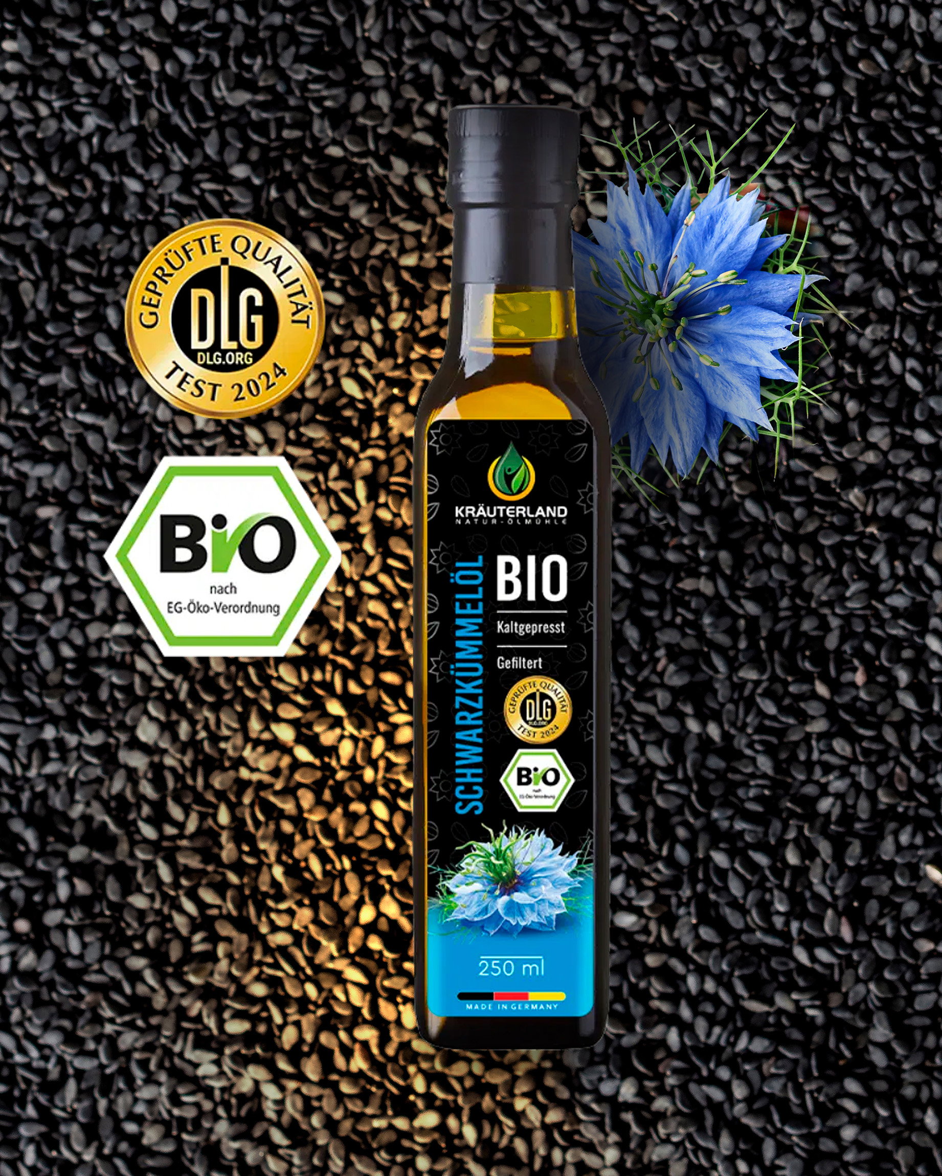 Kräuterland Bio gefiltert 250 ml auf Schwarzkümmelsamen Kräuterland Bio gefiltert 250 ml auf Schwarzkümmelsamen