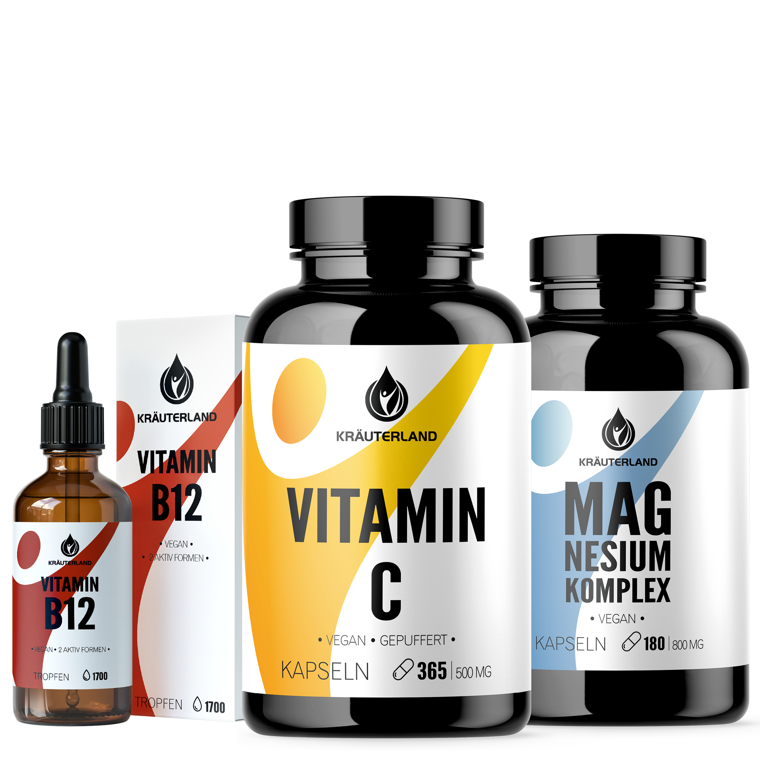 Nahrungsergänzung mit Vitamin C Kapseln, Magnesium Komplex Kapseln und Vitamin B12 Tropfen