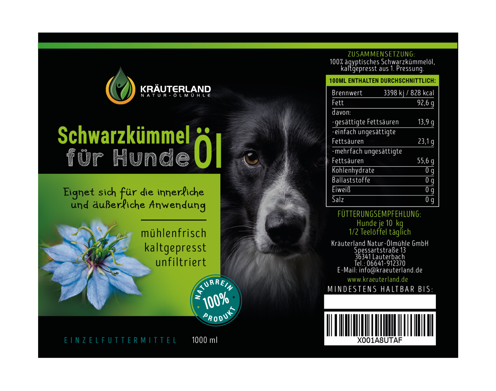 Schwarzkümmelöl für Hunde 1000 ml Etikett Schwarzkümmelöl für Hunde 1000 ml Etikett