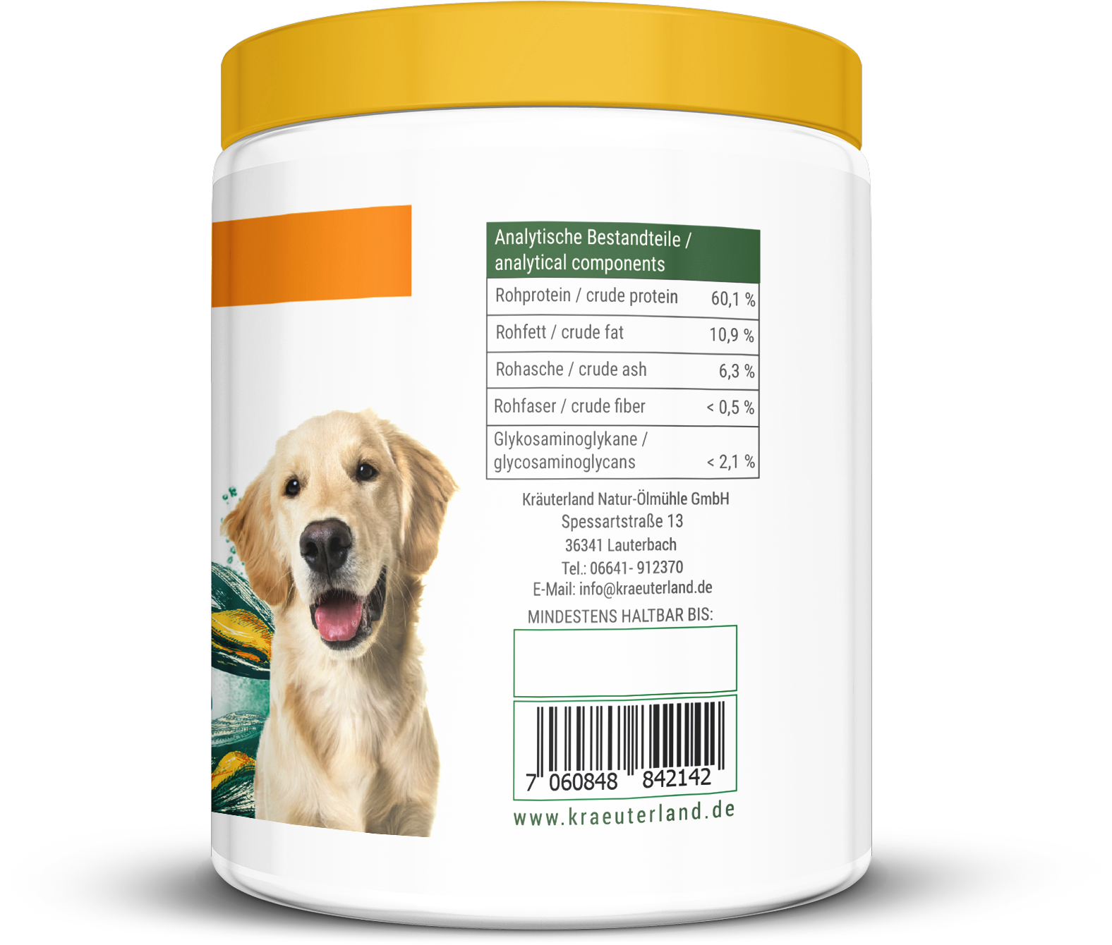 Grünlippmuschel Pulver 250g für Hunde Seitenansicht mit Analytische Bestandteile Grünlippmuschel Pulver 250g für Hunde Seitenansicht mit Analytische Bestandteile
