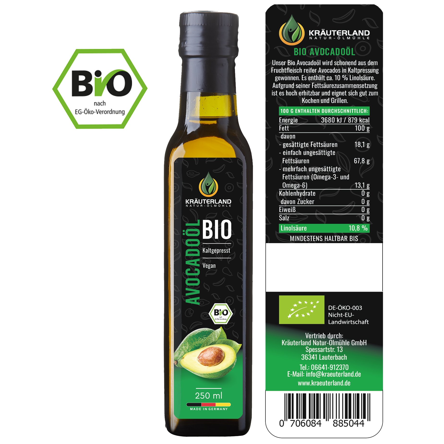 Bio Avocadoöl 250 ml Rückseite mit Etikett