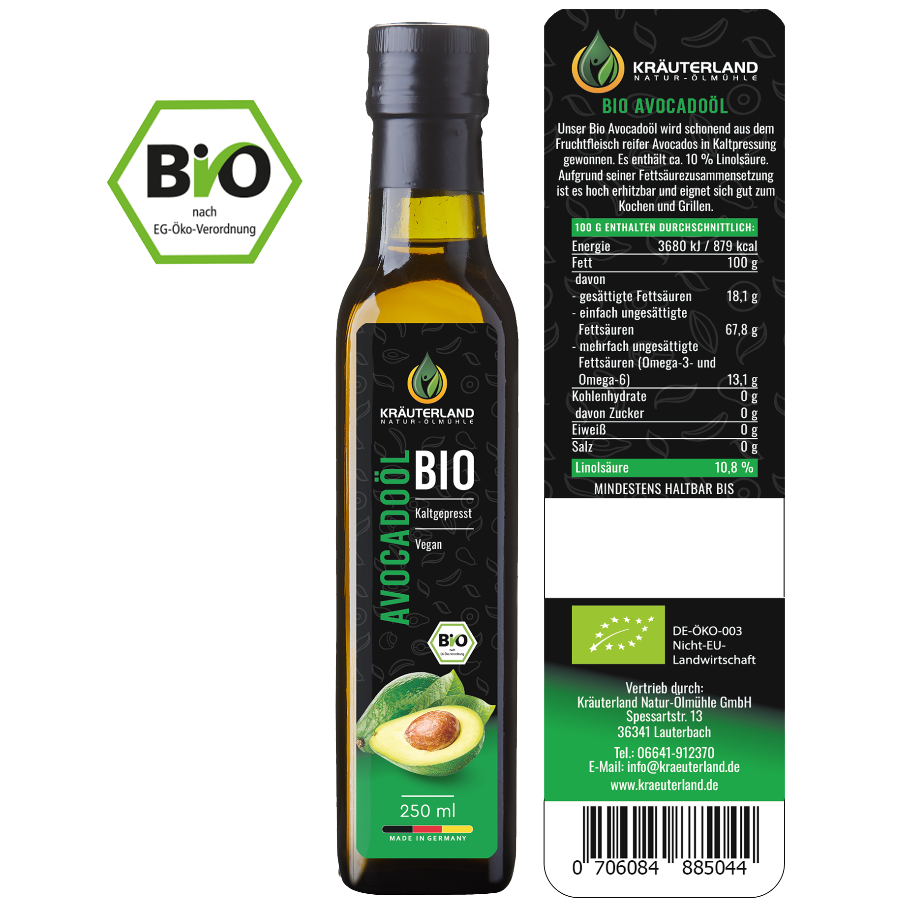Bio Avocadoöl 250 ml Rückseite mit Etikett Bio Avocadoöl 250 ml Rückseite mit Etikett