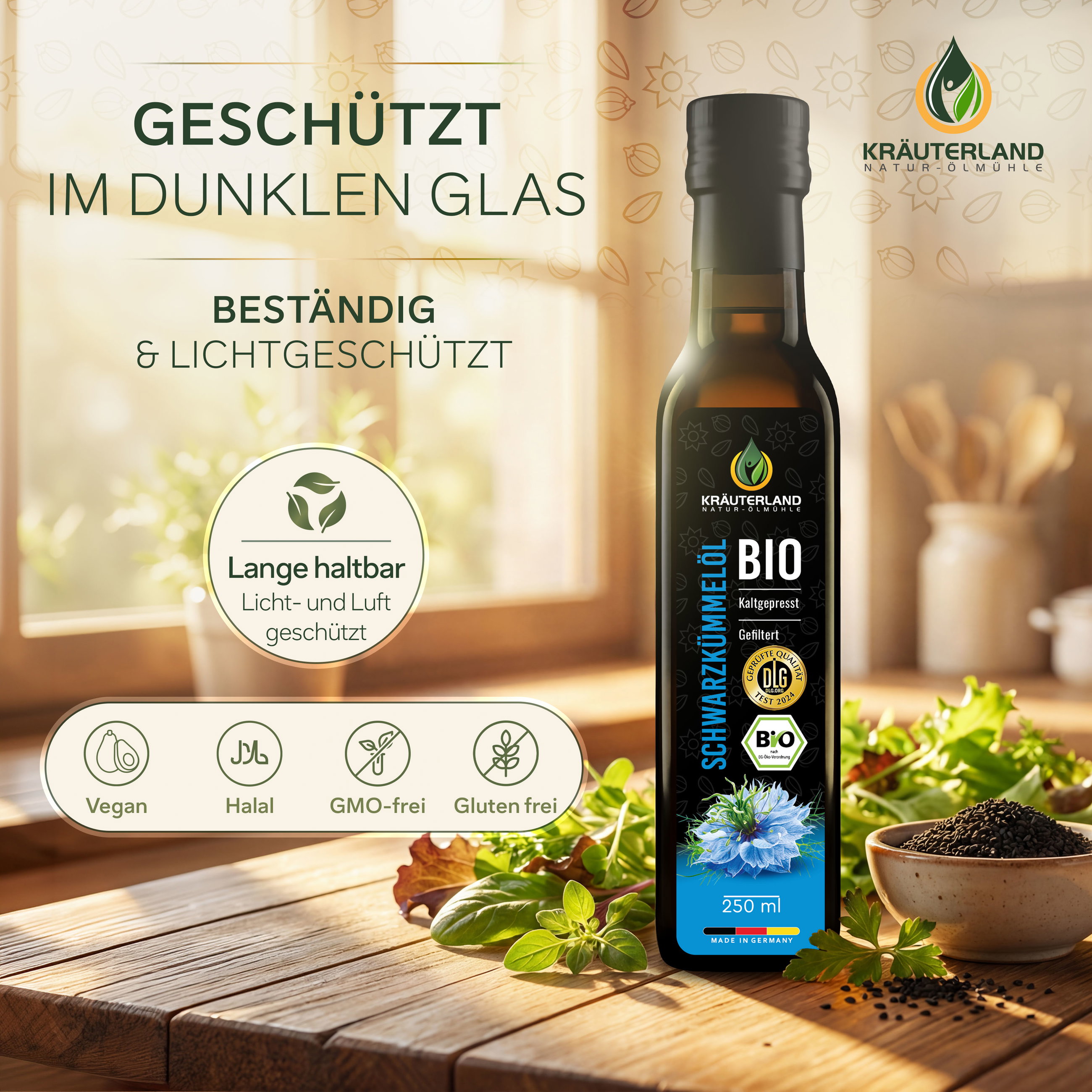 Kräuterland Bio Schwarzkümmelöl gefiltert 250 ml in dunkler Glasflasche, licht- und luftgeschützt, vegan, halal, GMO-frei und glutenfrei