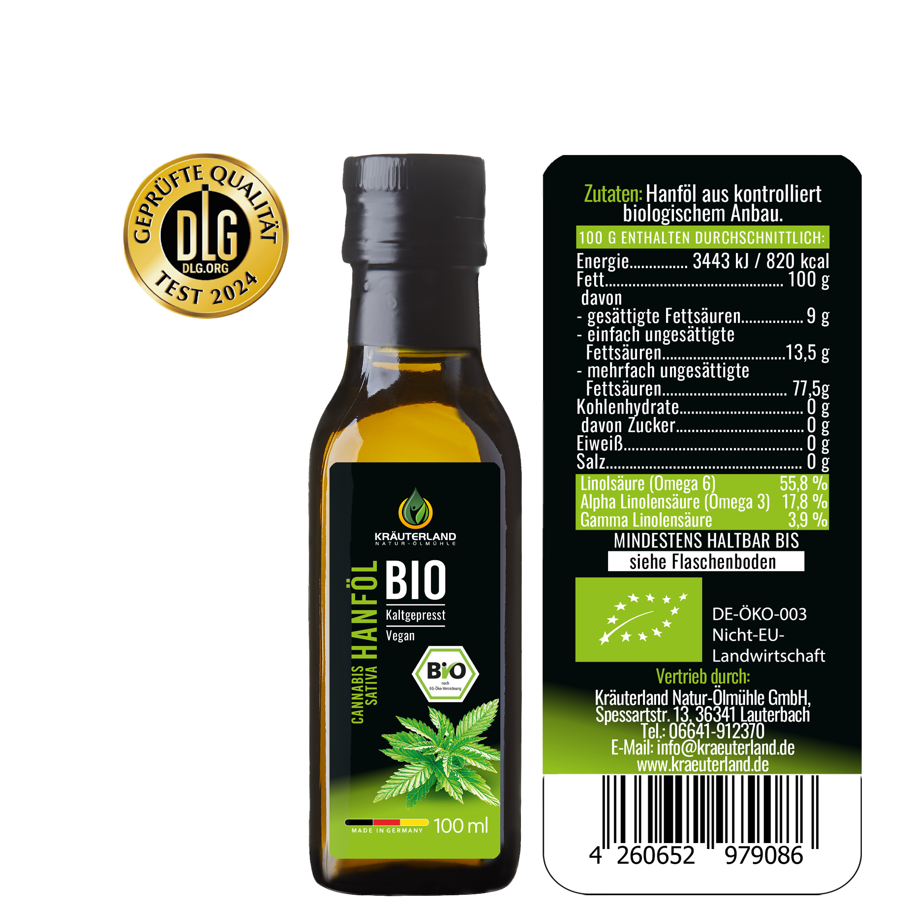 Rückseite des Kräuterland Bio Hanföls mit Zutatenliste Nährwerttabelle und DLG Qualitätssiegel