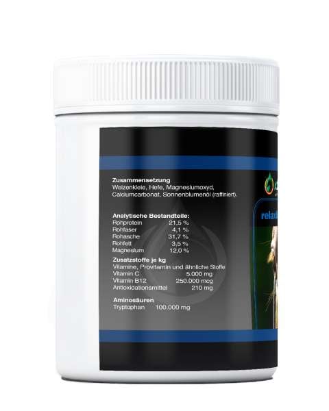 Seitenansicht von Relax Magnesium Pulver für Pferde 1 kg mit Analytische Bestandteile Seitenansicht von Relax Magnesium Pulver für Pferde 1 kg mit Analytische Bestandteile