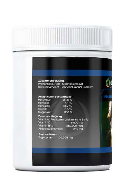 Seitenansicht von Relax Magnesium Pulver für Pferde 1 kg mit Analytische Bestandteile Seitenansicht von Relax Magnesium Pulver für Pferde 1 kg mit Analytische Bestandteile