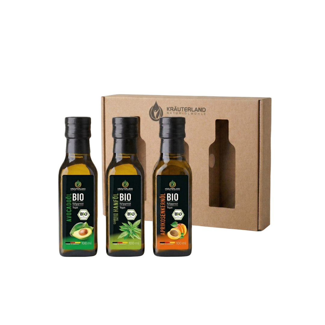 Bio Speiseöl Kennenlern Set 100 ml – Avocado-, Aprikosenkern- & Hanföl | Kräuterland Bio Speiseöl Kennenlern Set 100 ml – Avocadoöl, Aprikosenkernöl und Hanföl von Kräuterland