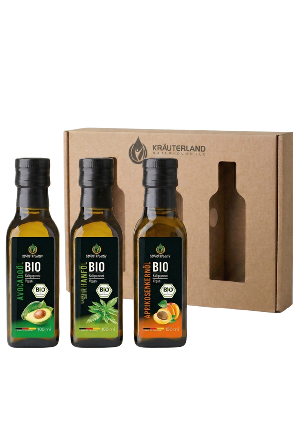 Bio Speiseöl Kennenlern Set 100 ml – Avocado-, Aprikosenkern- & Hanföl | Kräuterland Bio Speiseöl Kennenlern Set 100 ml – Avocadoöl, Aprikosenkernöl und Hanföl von Kräuterland