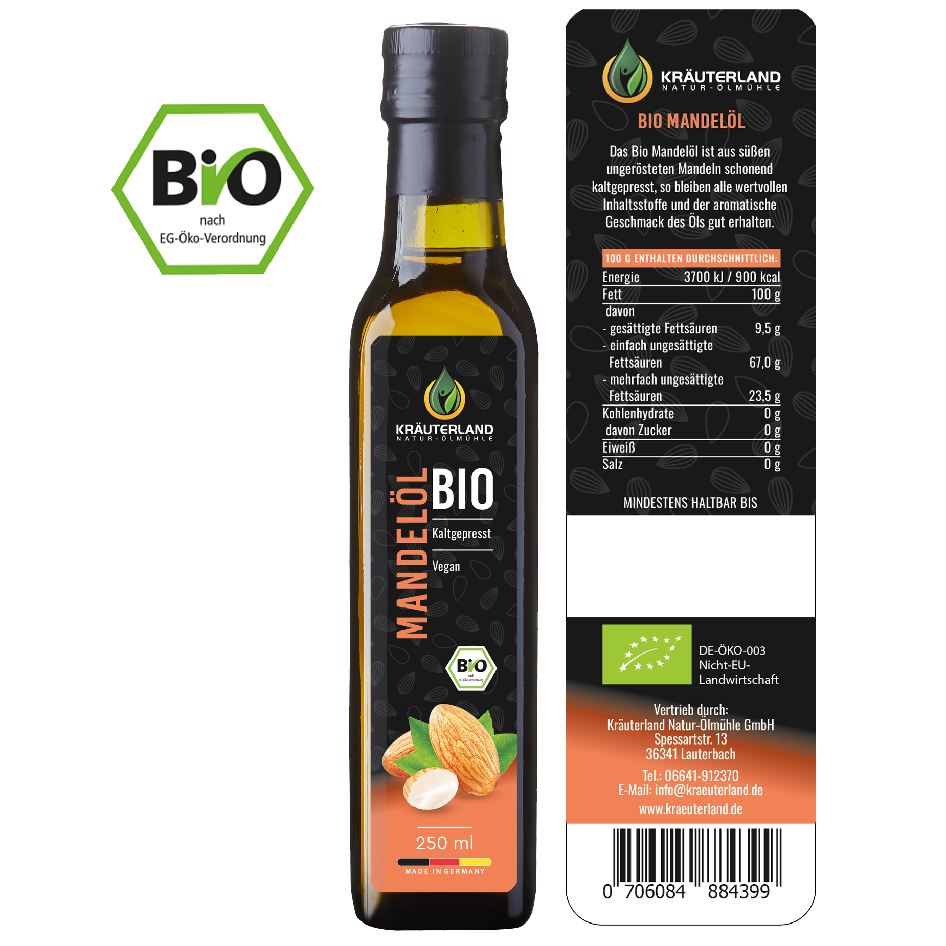 Bio Mandelöl 250 ml Rückseite mit Etikett Bio Mandelöl 250 ml Rückseite mit Etikett