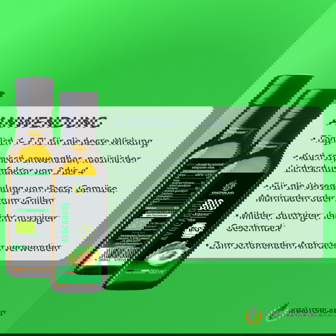Bio Avocadoöl von Kräuterland mit Anwendungshinweisen für Pflege Küche und tägliche Nutzung