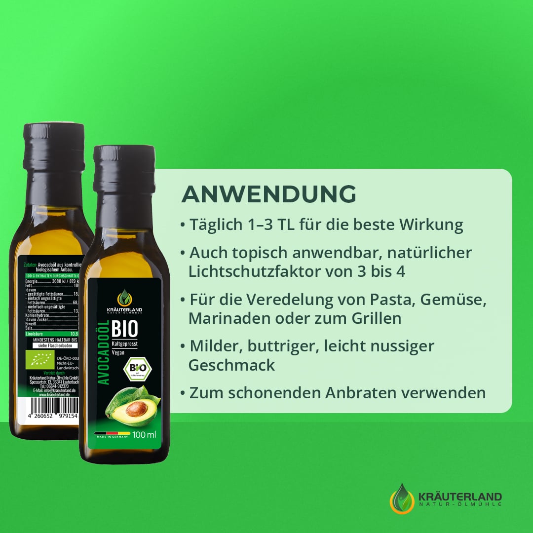 Kräuterland Bio Avocadoöl Anwendung und Nutzungsmöglichkeiten Bio Avocadoöl von Kräuterland mit Anwendungshinweisen für Pflege Küche und tägliche Nutzung