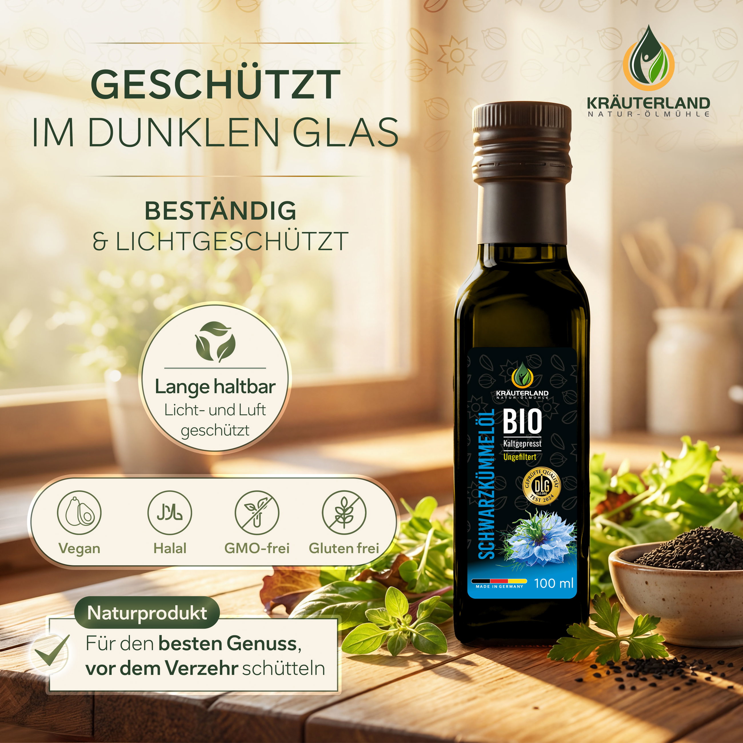 Bio Schwarzkümmelöl ungefiltert im dunklen Glas Kräuterland Bio Schwarzkümmelöl in dunkler Glasflasche, licht- und luftgeschützt, vegan, halal, GMO-frei und glutenfrei