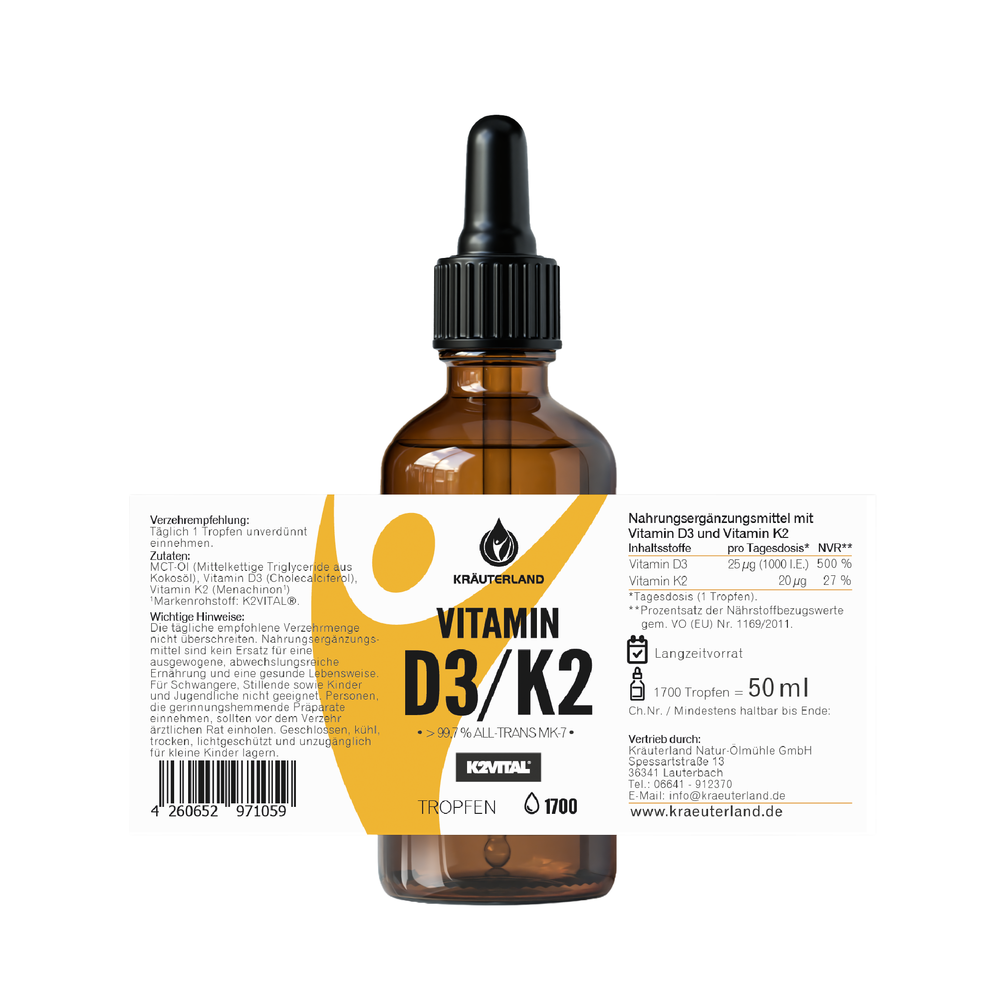Kräuterland Vitamin D3 K2 Tropfen Flasche mit Etikett Vitamin D3 K2 Tropfenflasche von Kräuterland mit Vorderetikett und Nährwertangaben