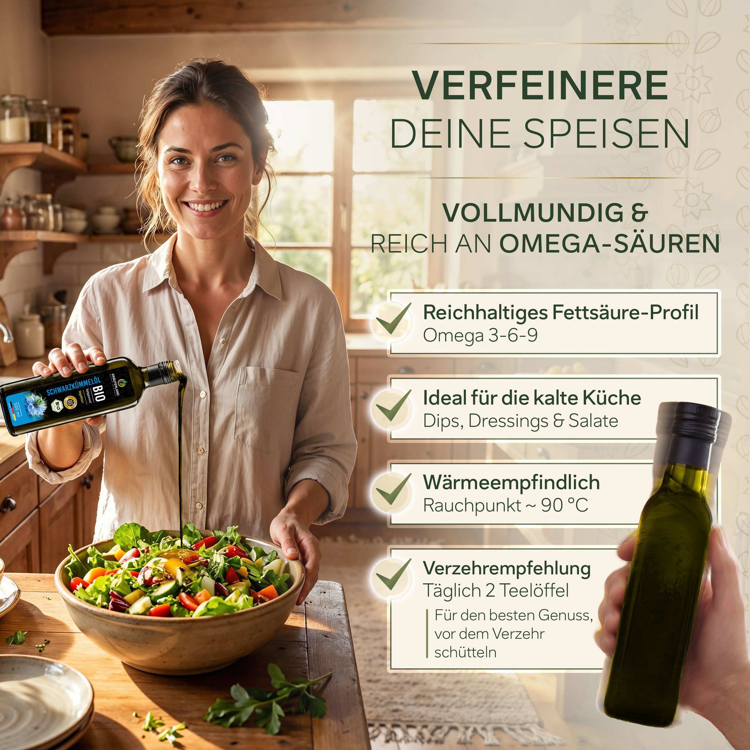 Kräuterland Bio Schwarzkümmelöl zum Verfeinern von Speisen, ideal für Dressings, Dips und Salate in der kalten Küche