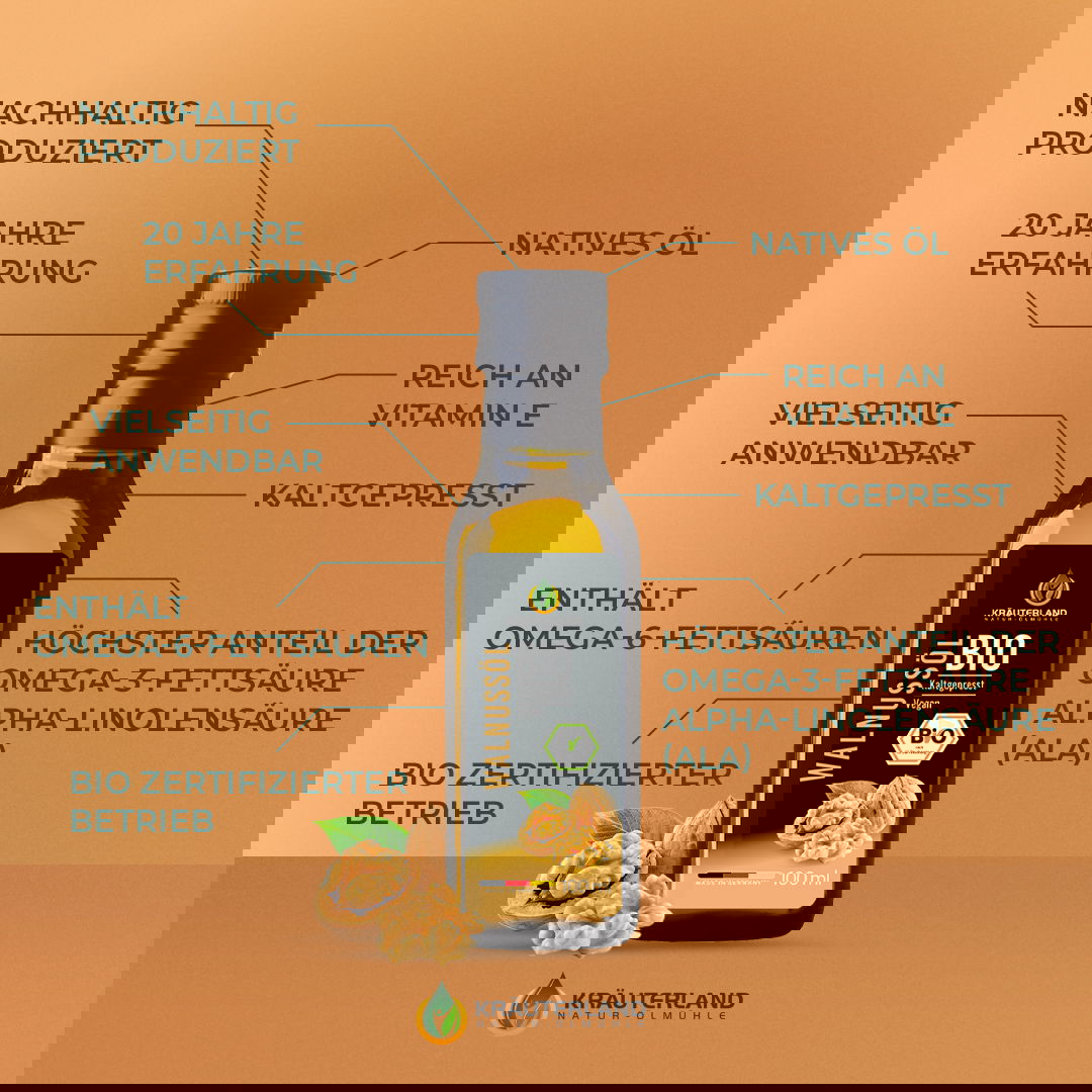 Bio Walnussöl von Kräuterland mit Vorteilen wie reich an Vitamin E kaltgepresst enthält Omega sechs Fettsäuren und höchsten Anteil an Alpha Linolensäure