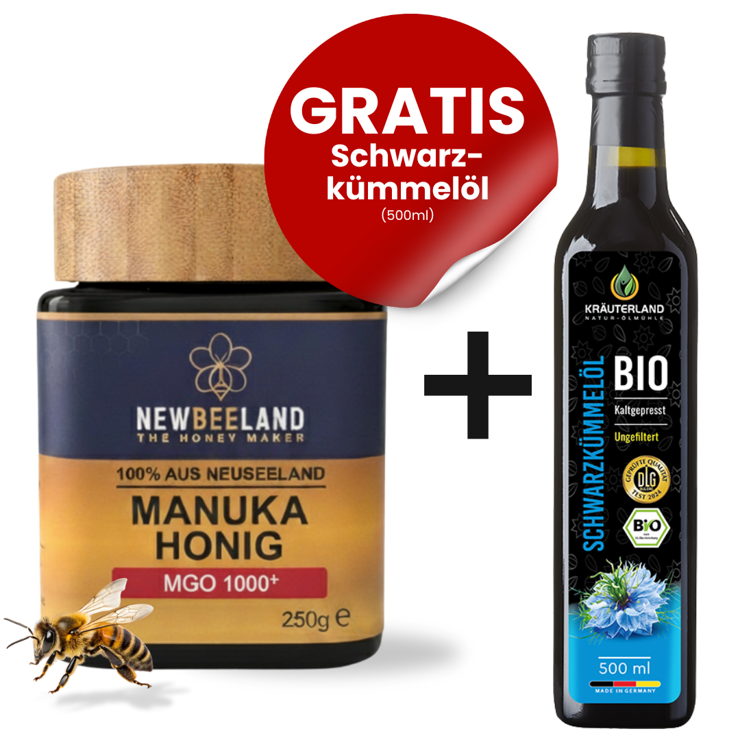 Manuka Honig MGO 1000+ 250g + Bio Schwarzkümmelöl ungefiltert 500ml