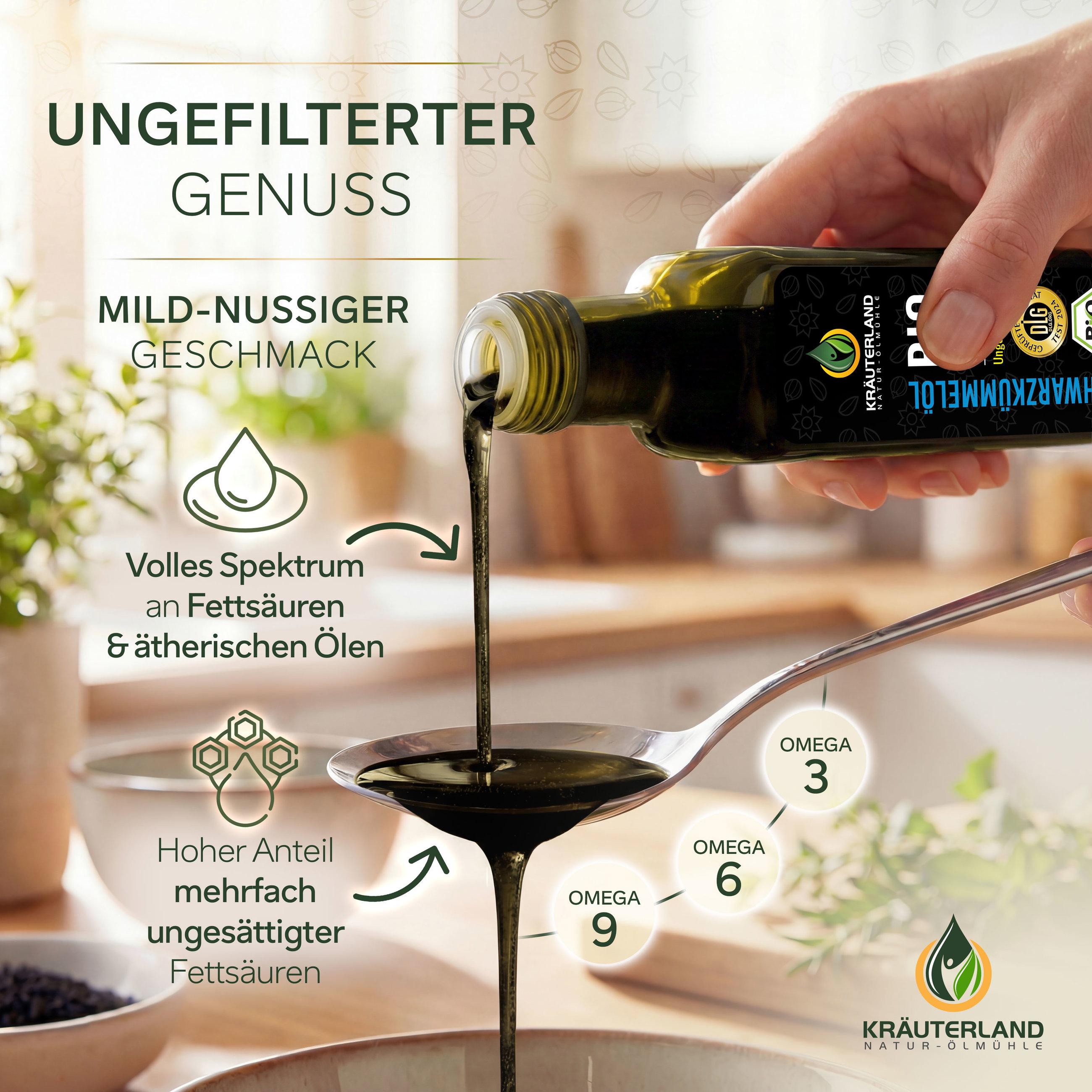 Ungefiltertes Bio Schwarzkümmelöl mit mild-nussigem Geschmack Ungefiltertes Schwarzkümmelöl wird auf einen Löffel gegossen und zeigt seinen mild-nussigen Geschmack sowie Omega 3, 6 und 9