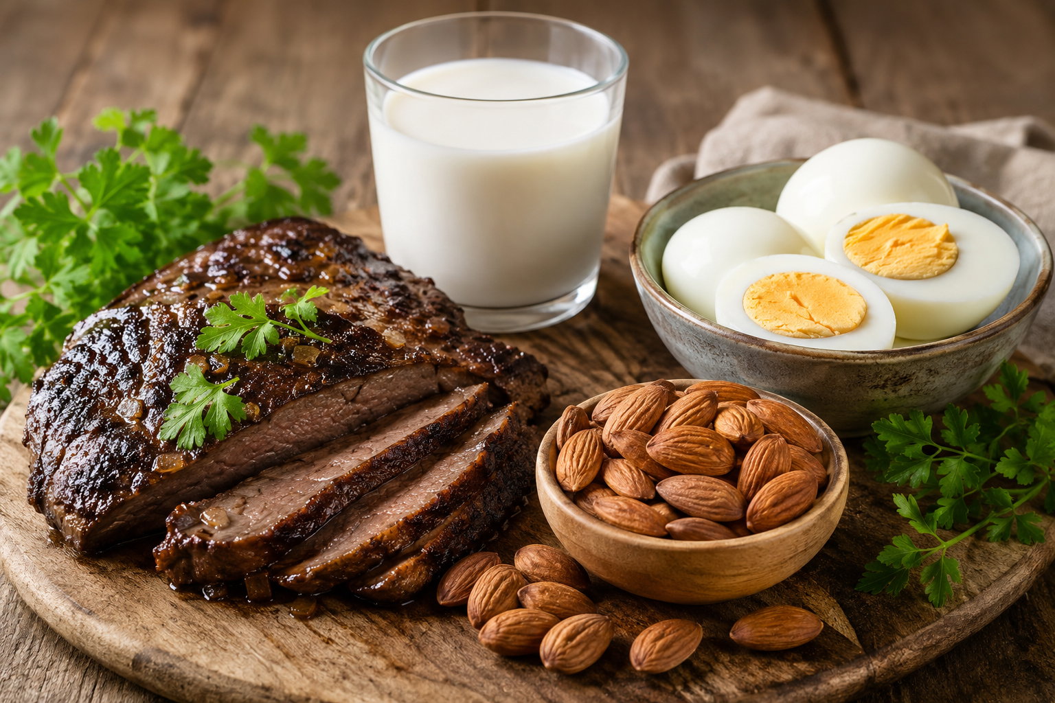 Milch, Eier, Mandeln und Fleisch als Beispiele für Vitamin-B2-Lebensmittel