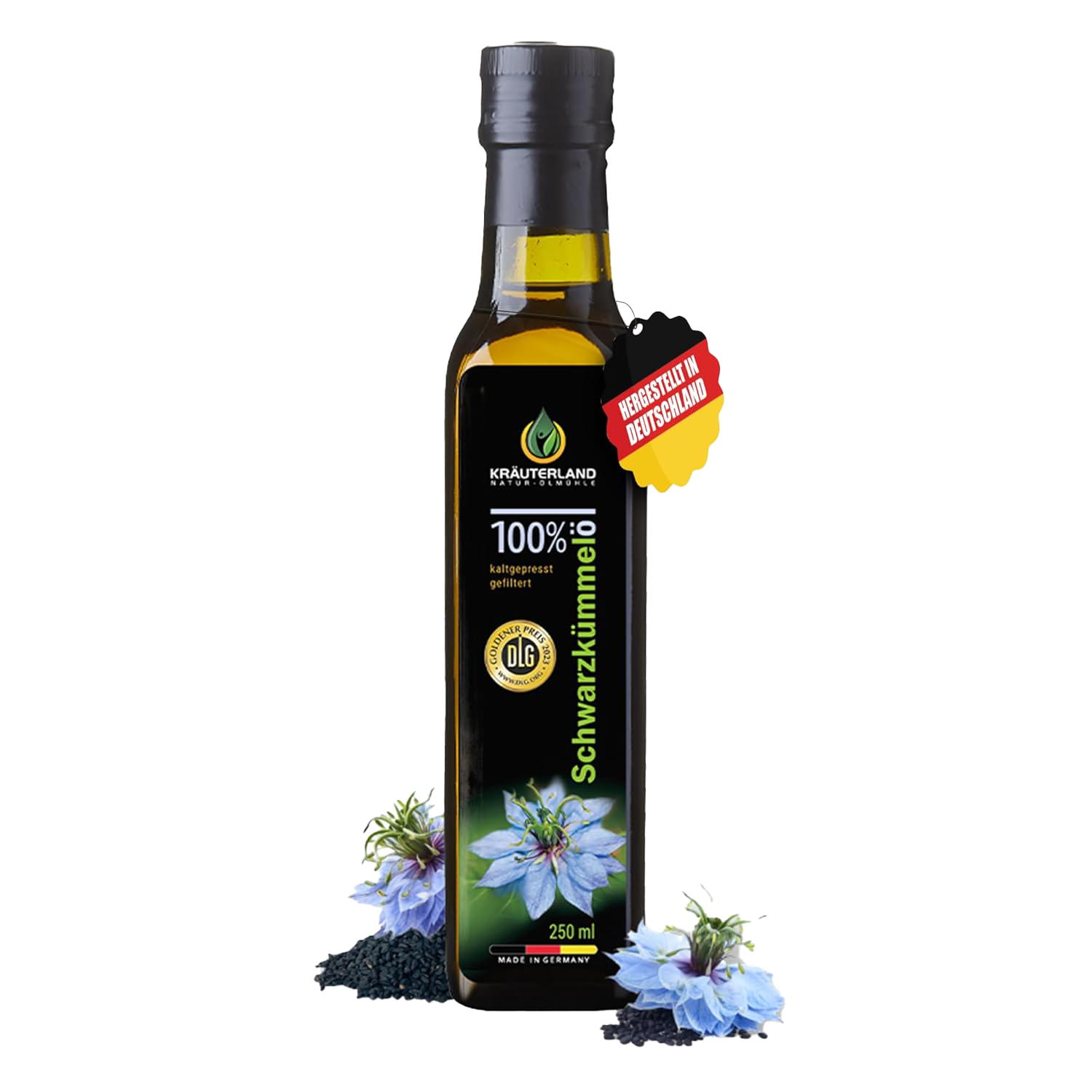Flasche mit 250 ml gefiltertem Schwarzkümmelöl von Kräuterland, dekoriert mit Schwarzkümmelsamen und blauer Blüte, Siegel „Hergestellt in Deutschland“ und DLG-Prämierung.
