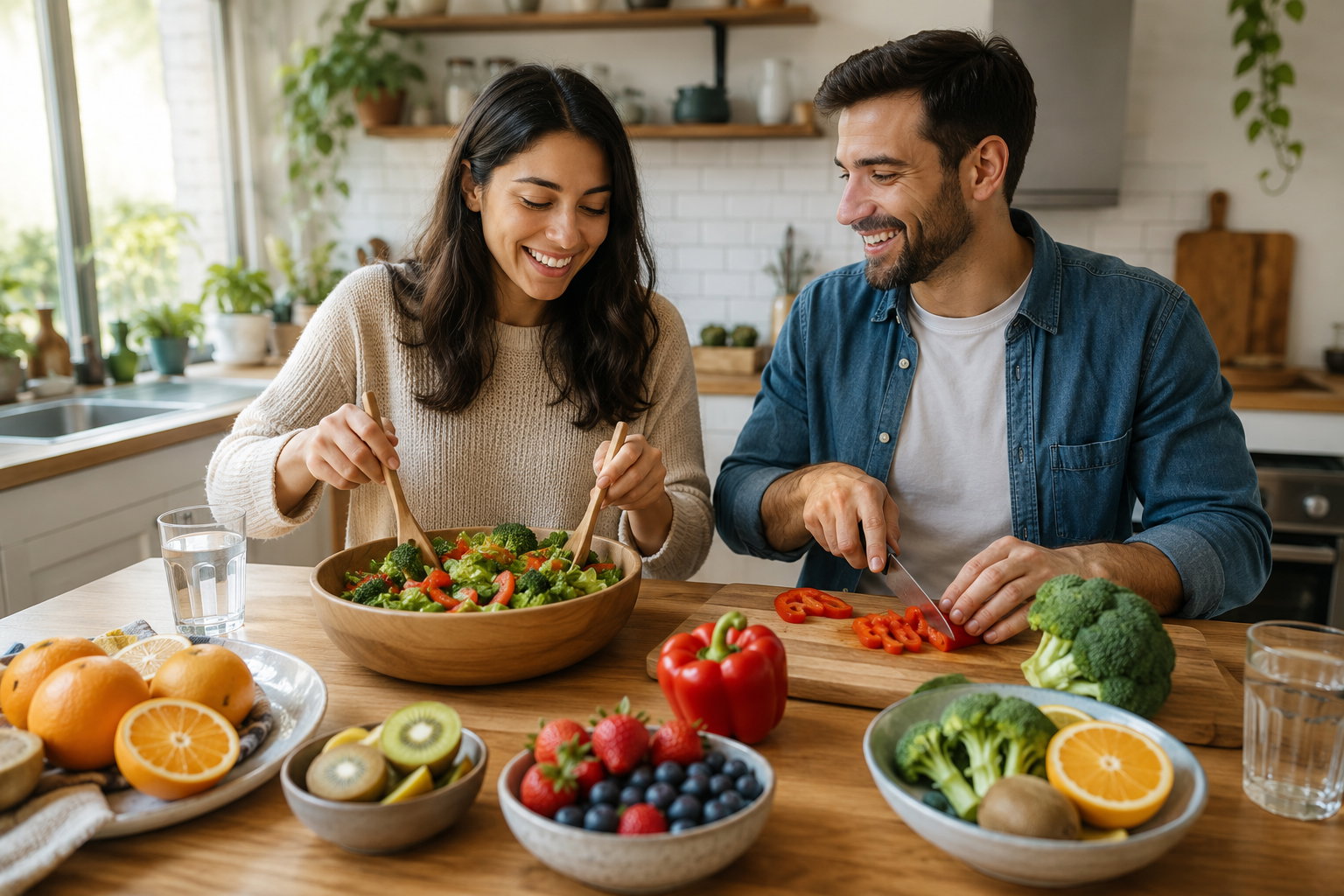 Paar bereitet in der Küche Salat mit Brokkoli, Paprika, Orangen, Kiwi und Beeren als Beispiele für Vitamin-C-Lebensmittel zu