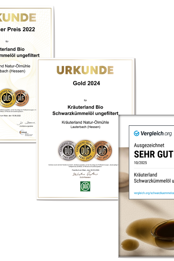 DLG Zertifikate 2022 und 2024 für Bio Schwarzkümmelöl ungefiltert DLG Zertifikate 2022 und 2024 für Bio Schwarzkümmelöl ungefiltert