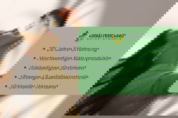 Kräuterland Vertrauensmotiv mit Frau beim Einnehmen von Tropfen und hervorgehobenen Qualitätsvorteilen