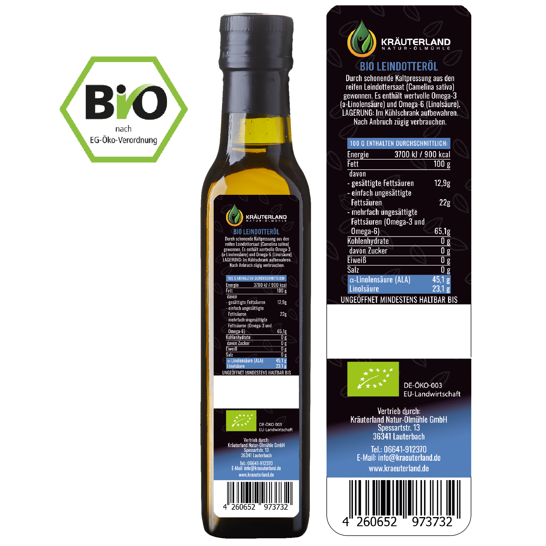 Bio Leindotteröl 250 ml Rückseite mit Etikett Bio Leindotteröl 250 ml Rückseite mit Etikett