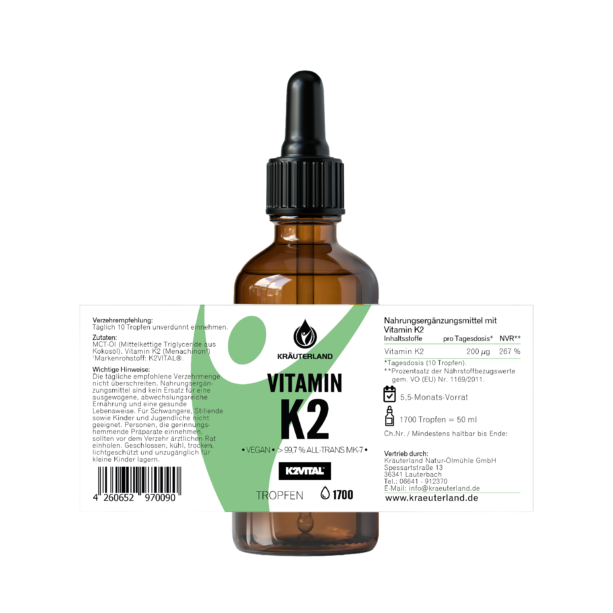 Kräuterland Vitamin K2 Tropfen Flasche mit Etikett Vitamin K2 Tropfenflasche von Kräuterland mit Vorderetikett und Nährwertangaben