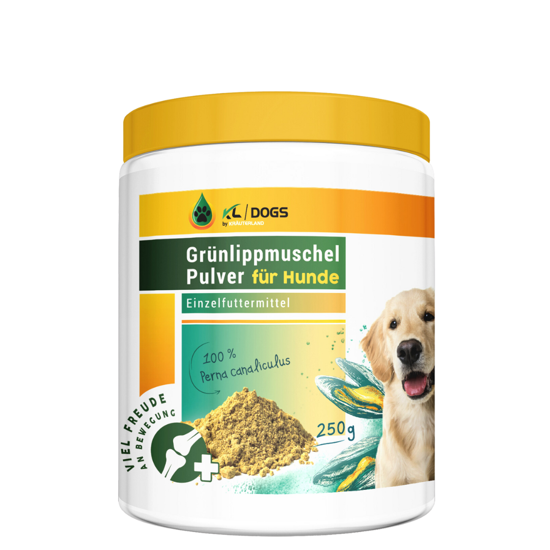 Grünlippmuschel Pulver 250g für Hunde Frontansicht Grünlippmuschel Pulver 250g für Hunde Frontansicht