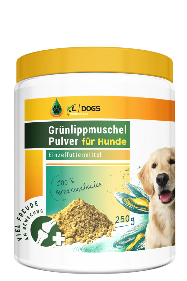 Grünlippmuschel Pulver 250g für Hunde Frontansicht Grünlippmuschel Pulver 250g für Hunde Frontansicht
