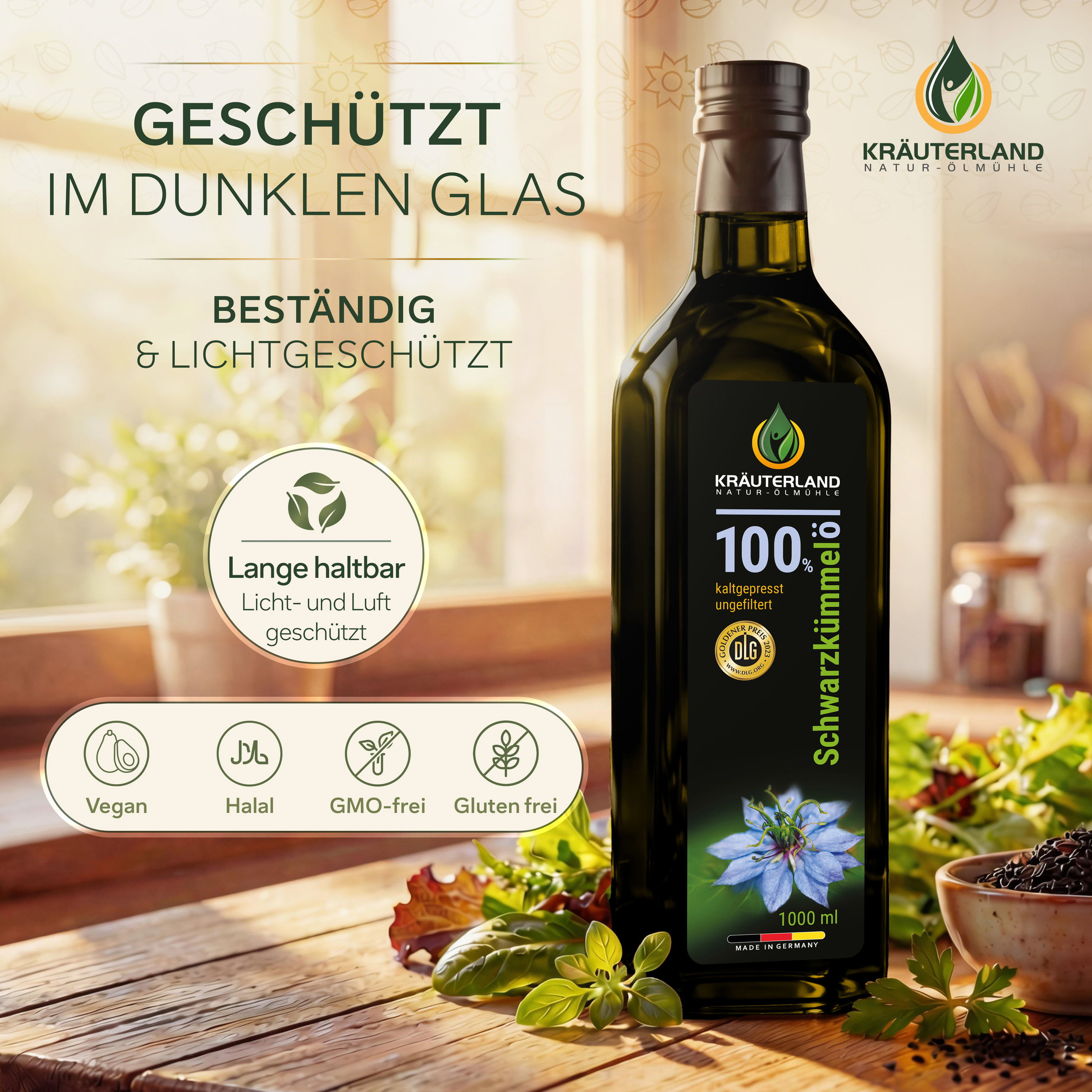 Schwarzkümmelöl ungefiltert im dunklen Glas Kräuterland Schwarzkümmelöl ungefiltert 1 Liter in dunkler Glasflasche, licht- und luftgeschützt, vegan, halal, GMO-frei und glutenfrei