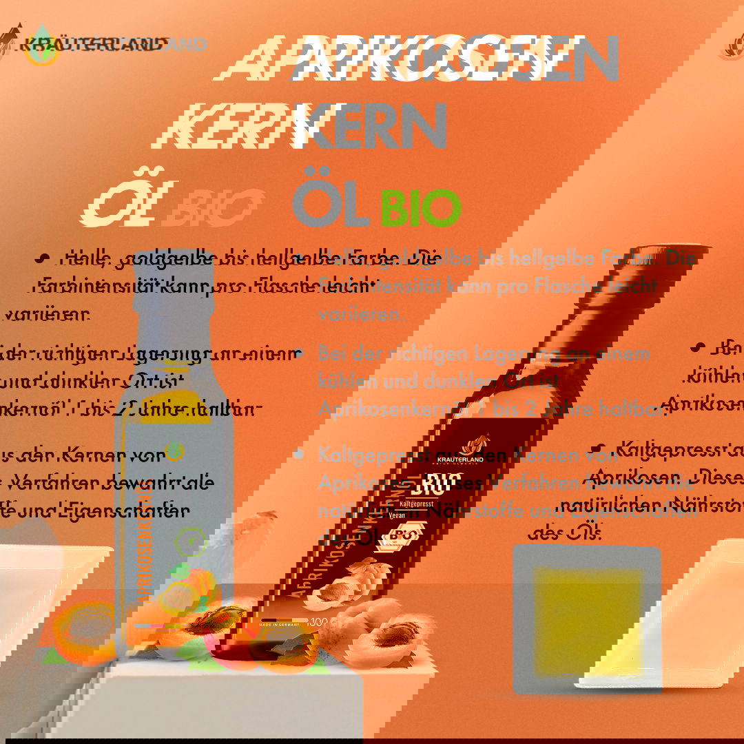 Kräuterland Bio Aprikosenkernöl 100 ml – hellgoldene Farbe, kaltgepresst und naturbelassen
