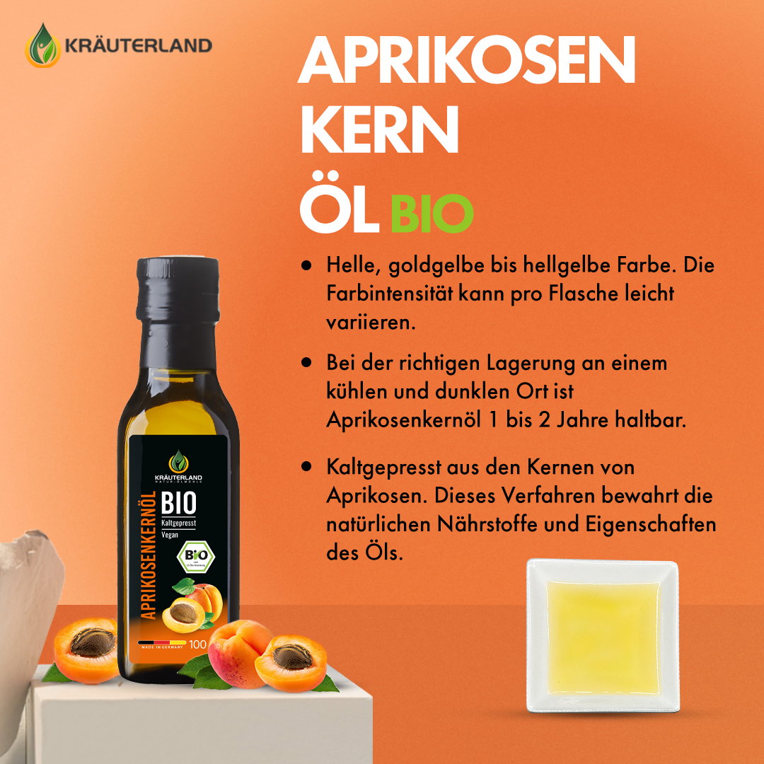 Bio Aprikosenkernöl – kaltgepresst, goldgelb und reich an natürlichen Nährstoffen Kräuterland Bio Aprikosenkernöl 100 ml – hellgoldene Farbe, kaltgepresst und naturbelassen