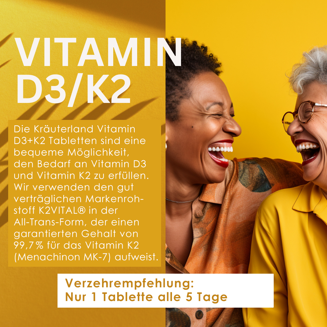 Kräuterland Vitamin D3 + K2 – Verzehrempfehlung & Anwendungshinweise Informationsgrafik zu Kräuterland Vitamin D3 + K2 Tabletten mit Verzehrempfehlung „Nur 1 Tablette alle 5 Tage“ und fröhlichen Personen im Hintergrund.