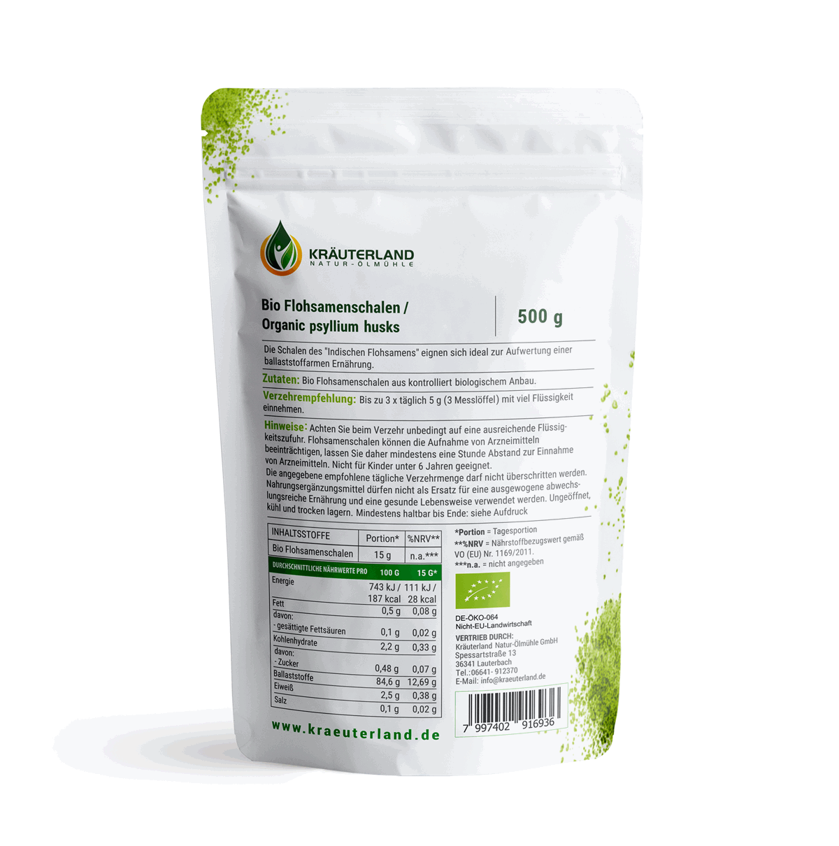 Bio Flohsamenschalen 500 g Rückseite Bio Flohsamenschalen 500 g Rückseite