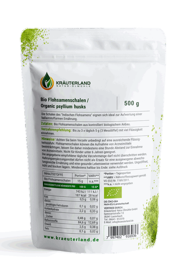 Bio Flohsamenschalen 500 g Rückseite Bio Flohsamenschalen 500 g Rückseite