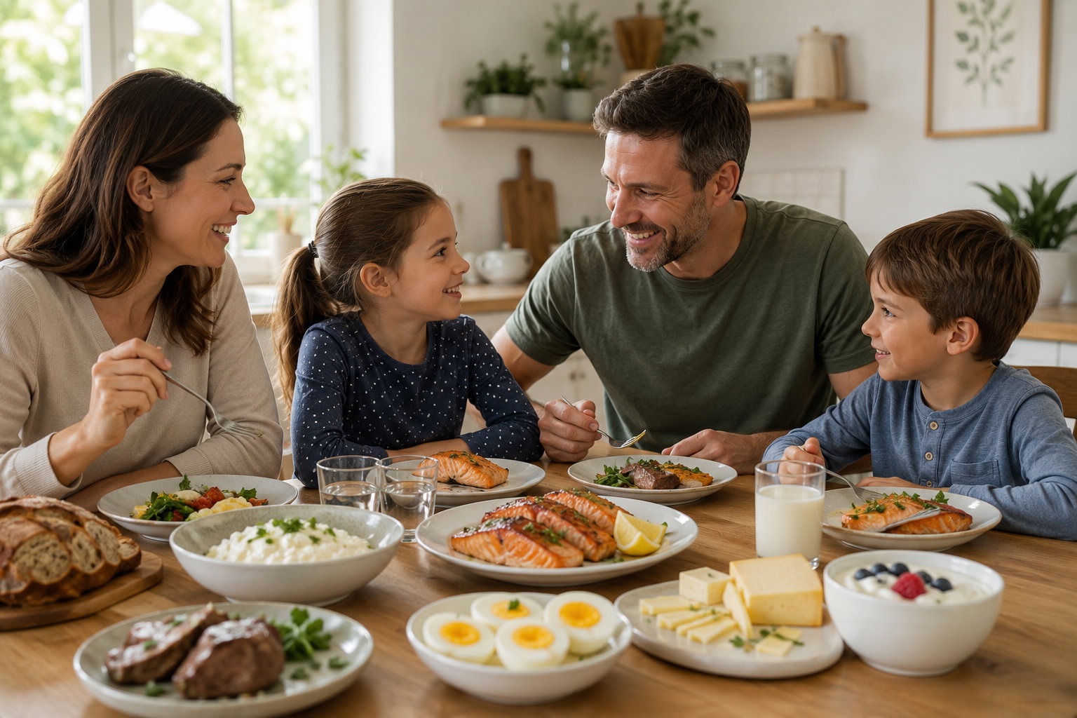 Familie beim gemeinsamen Essen mit Lachs, Eiern, Käse, Milchprodukten und Fleisch als Beispiele für Vitamin-B12-Lebensmittel