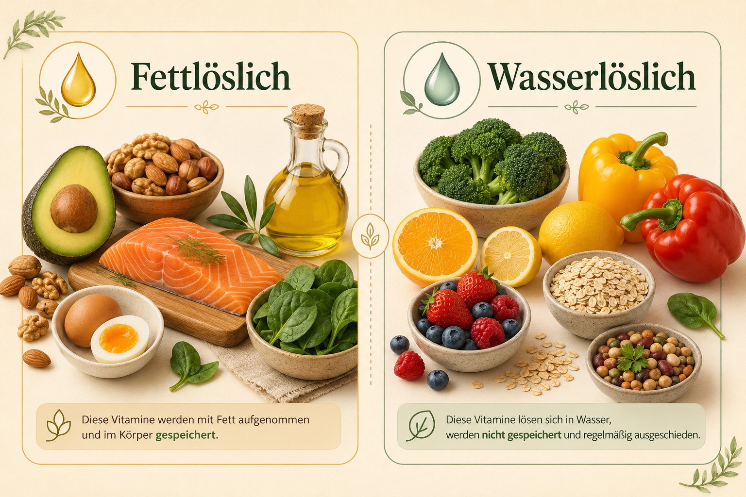 Infografik zum Unterschied zwischen fettlöslichen und wasserlöslichen Vitaminen mit passenden Lebensmittelbeispielen
