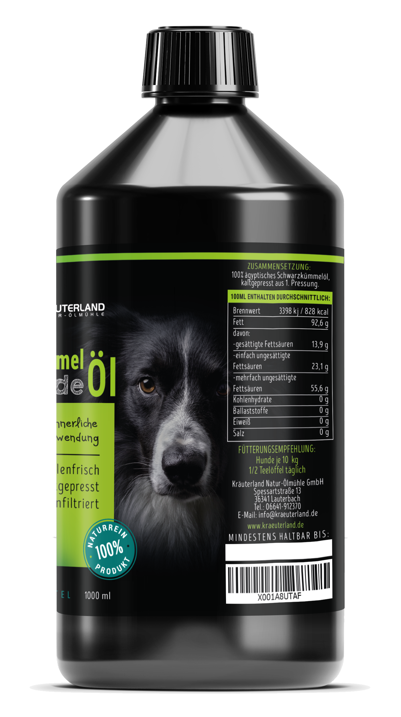 Seitnansicht von Schwarzkümmelöl für Hunde Seitnansicht von Schwarzkümmelöl für Hunde