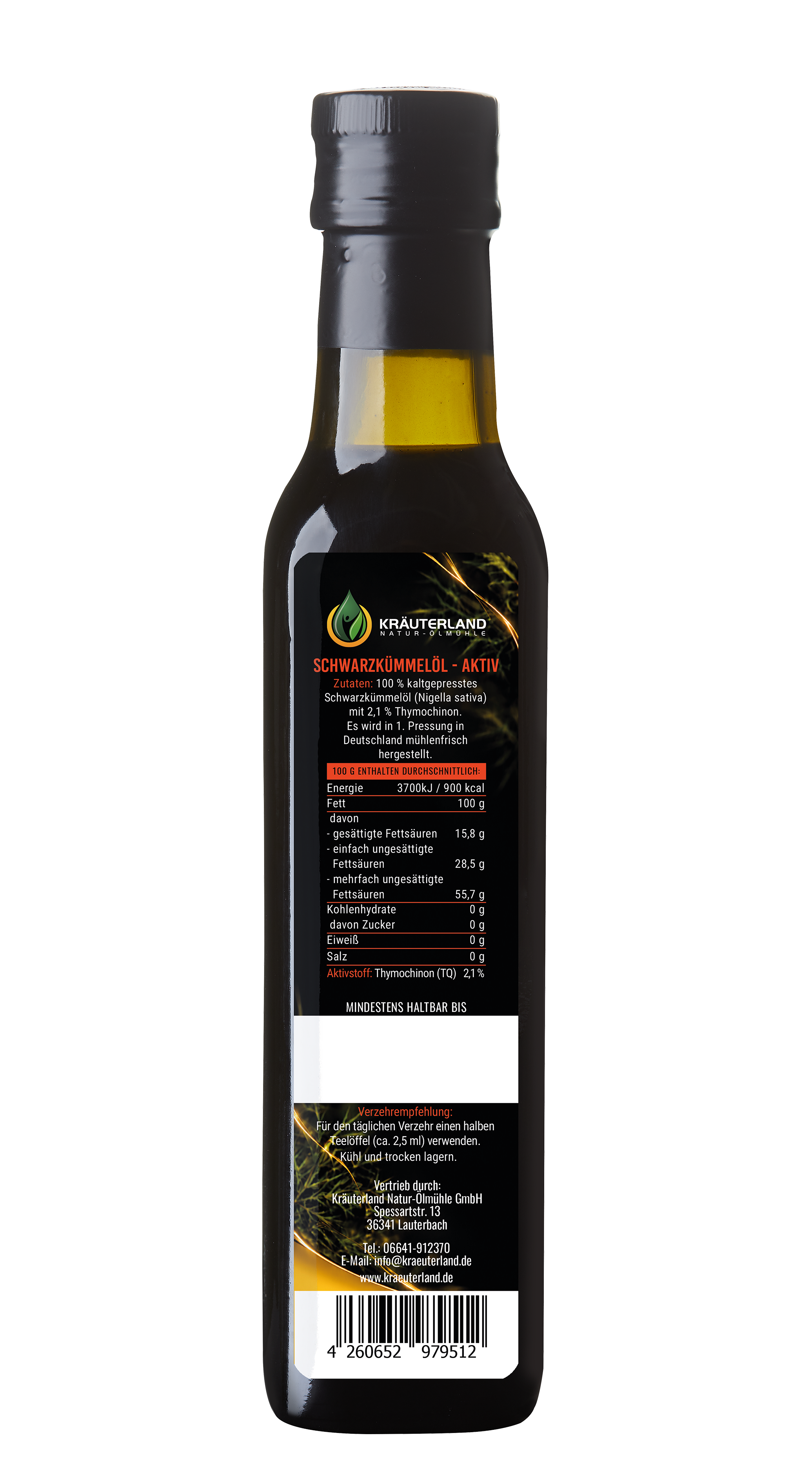 Kräuterland Schwarzkümmelöl Aktiv 250 ml Rückseite mit Nährwertangaben, Inhaltsstoffen und Verzehrempfehlung