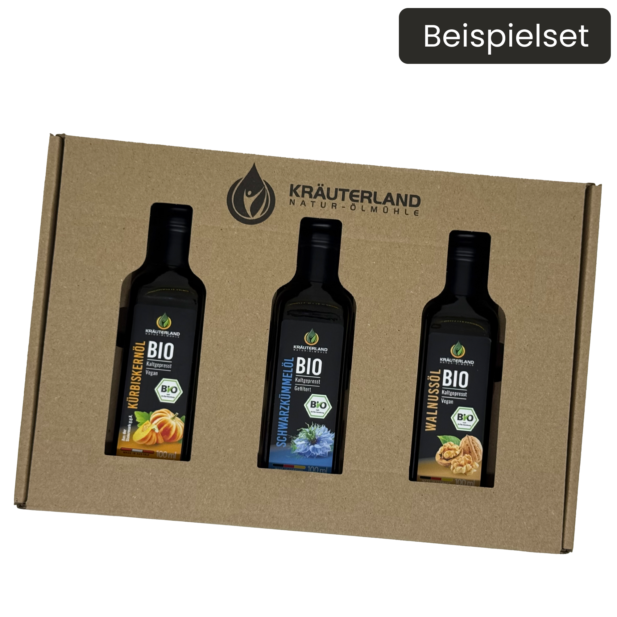 3er Beispielset Bio Speiseöle von Kräuterland mit Kürbiskernöl Schwarzkümmelöl und Walnussöl