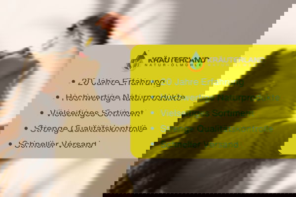 Kräuterland Vertrauensbild mit Frau bei der Einnahme von Tropfen und hervorgehobenen Qualitätsversprechen