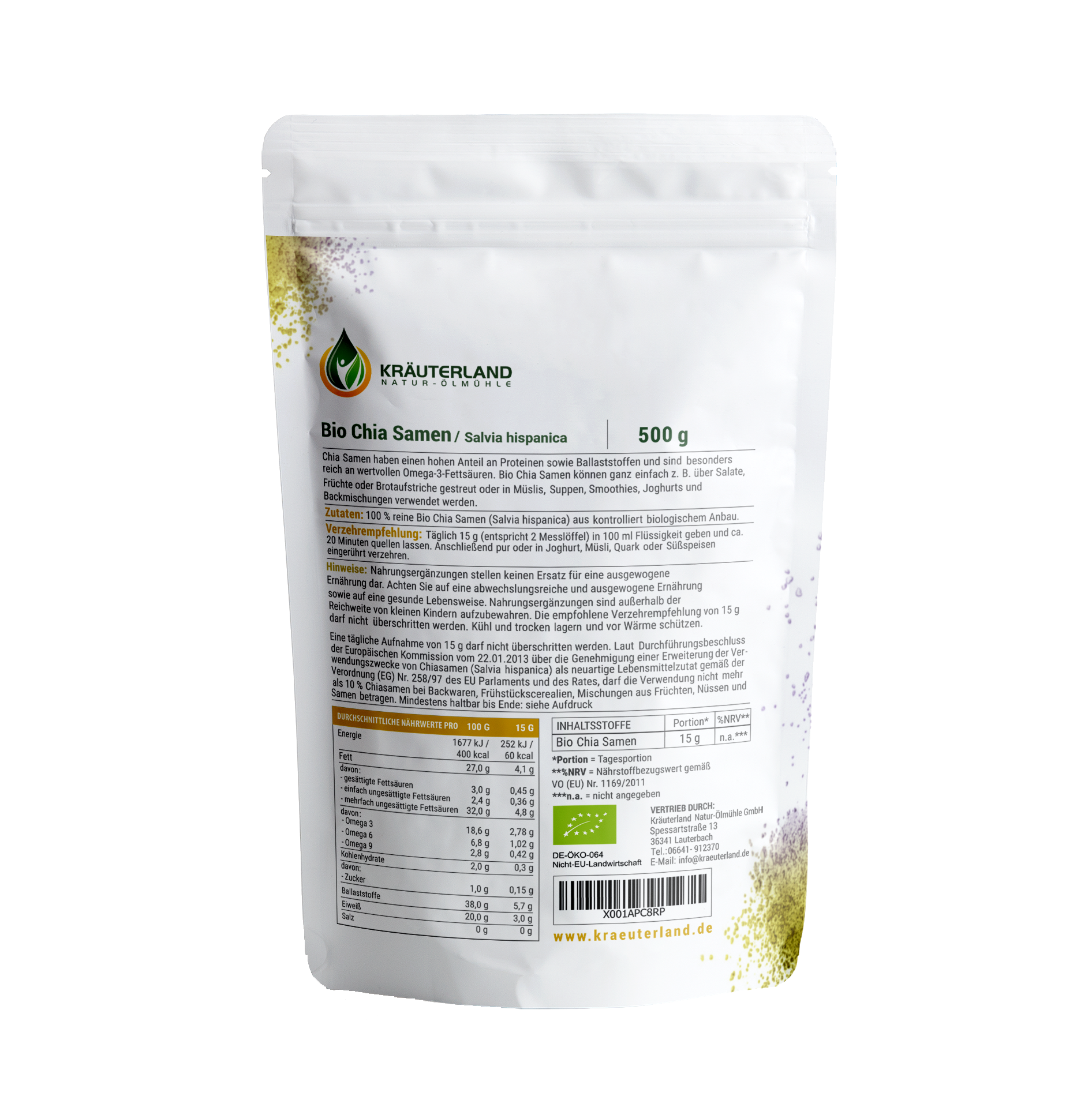 Rückseite von Bio Chia Samen 500 g von Kräuterland auf transparenten Hintergrund Rückseite Bio Chia Samen 500 g von Kräuterland