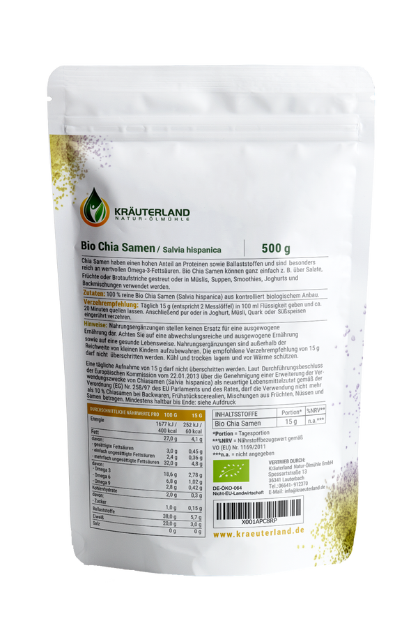 Rückseite von Bio Chia Samen 500 g von Kräuterland auf transparenten Hintergrund Rückseite Bio Chia Samen 500 g von Kräuterland