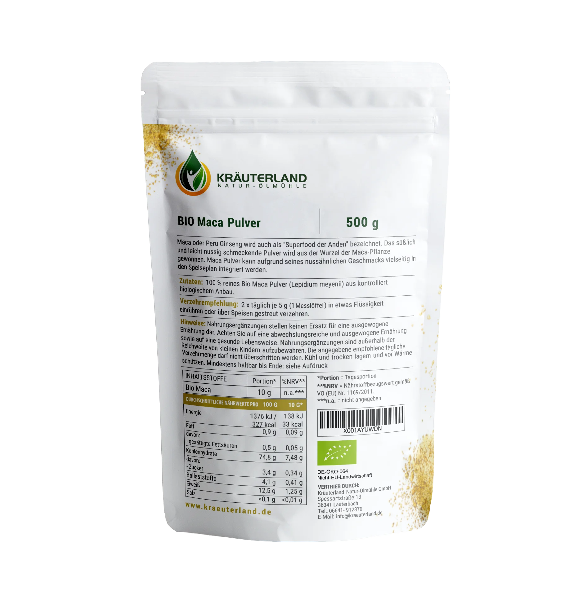 Bio Maca Pulver 500g Rückseite Bio Maca Pulver 500g Rückseite
